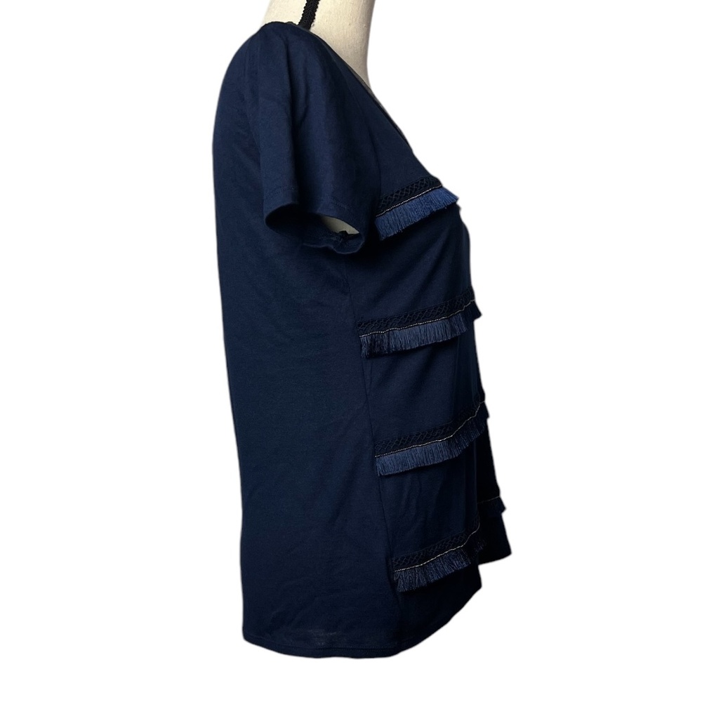 White House Black Market Women's Short Sleeve Top S Navy Blue Fringes Pre-Owned - Picture 3 of 8